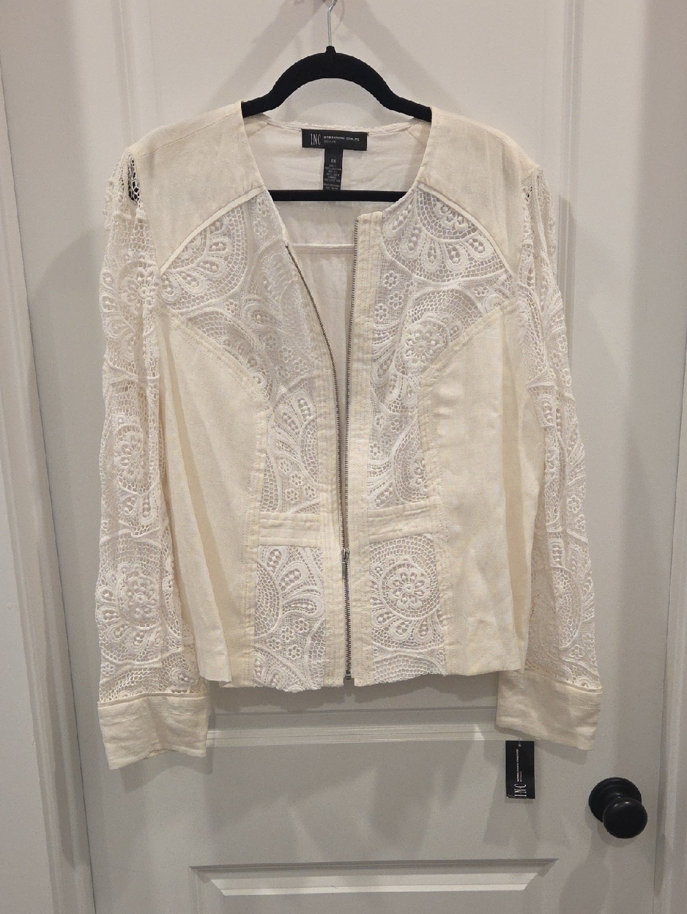 I.N.C. International Concepts Ivory Lace-Panel Zip Jacket